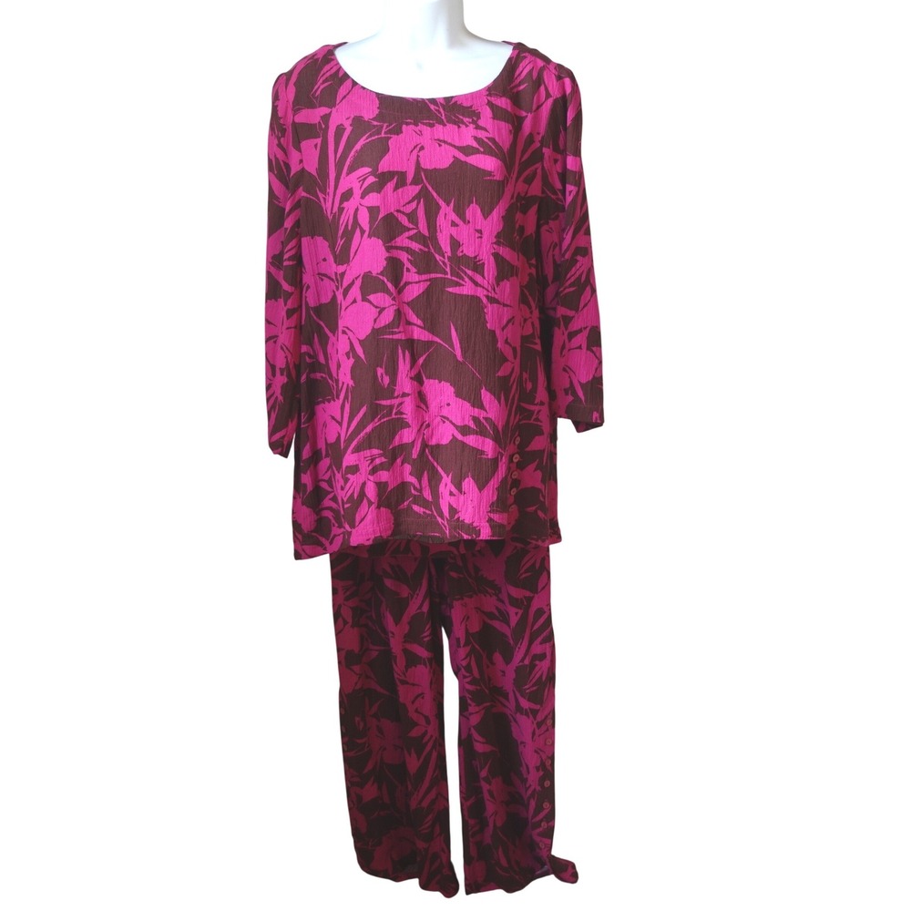 NWT Soft Surroundings Oceo Gauze Tunic Wide Leg Pants Set Tropical Fuchsia Large